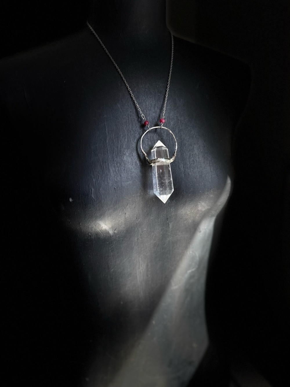 Clear Quartz Point Pendant Necklace with Silver Ring and Ruby beads statement